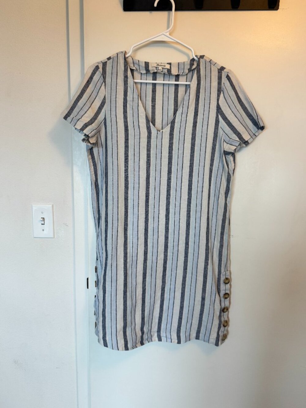 Madewell Striped Linen V Neck Shift Dress Size S